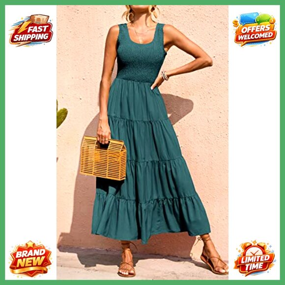 Women's Smocked Tank Maxi Dress Tiered Casual Beach Spring Sleeveless - Picture 2 of 7